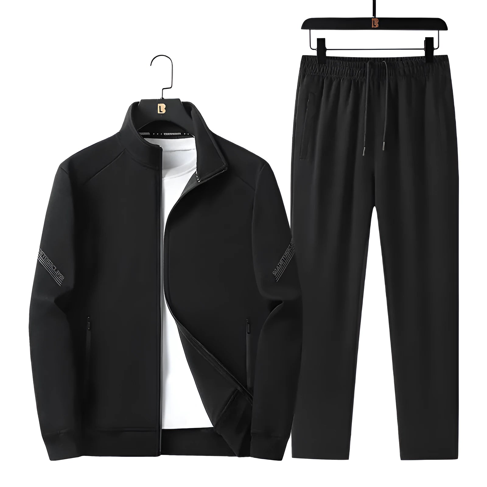 Men's black knit cotton plus size tracksuit set with jacket and trousers for spring autumn wear