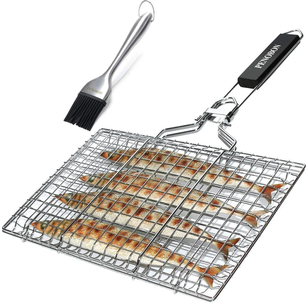 Square stainless steel folding barbecue mesh basket with a cleaning brush.