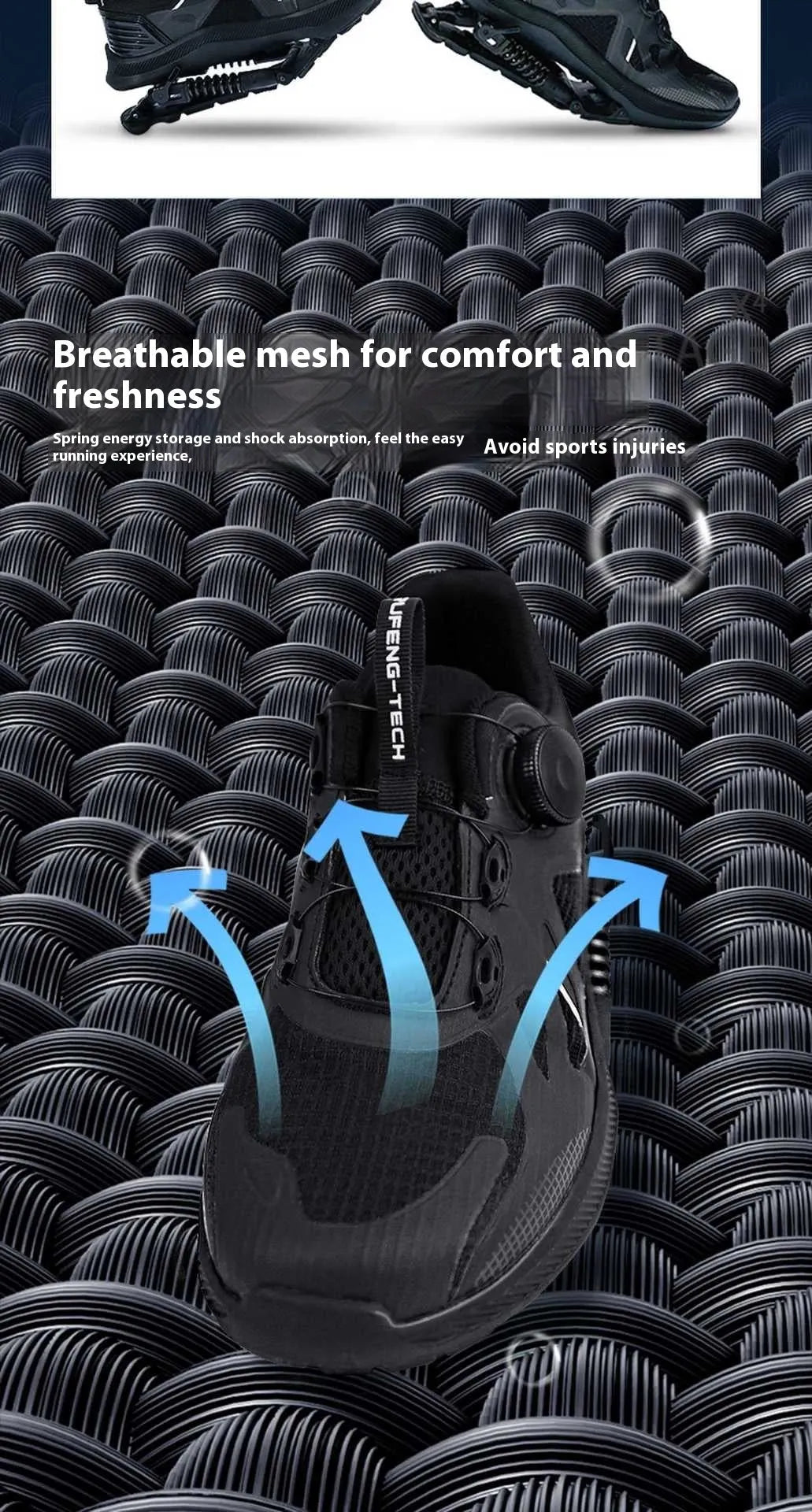 Black unisex running shoes with mesh upper, rubber EVA sole, and lace buckle closure.