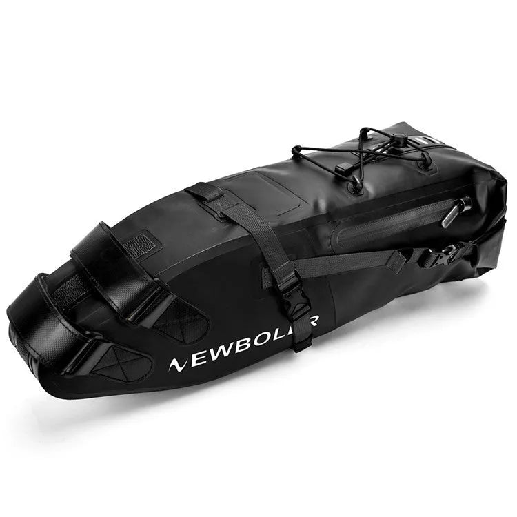 Yellow waterproof PVC bicycle tail bag mounted on a rear bike rack, showing roll-top closure and adjustable straps.