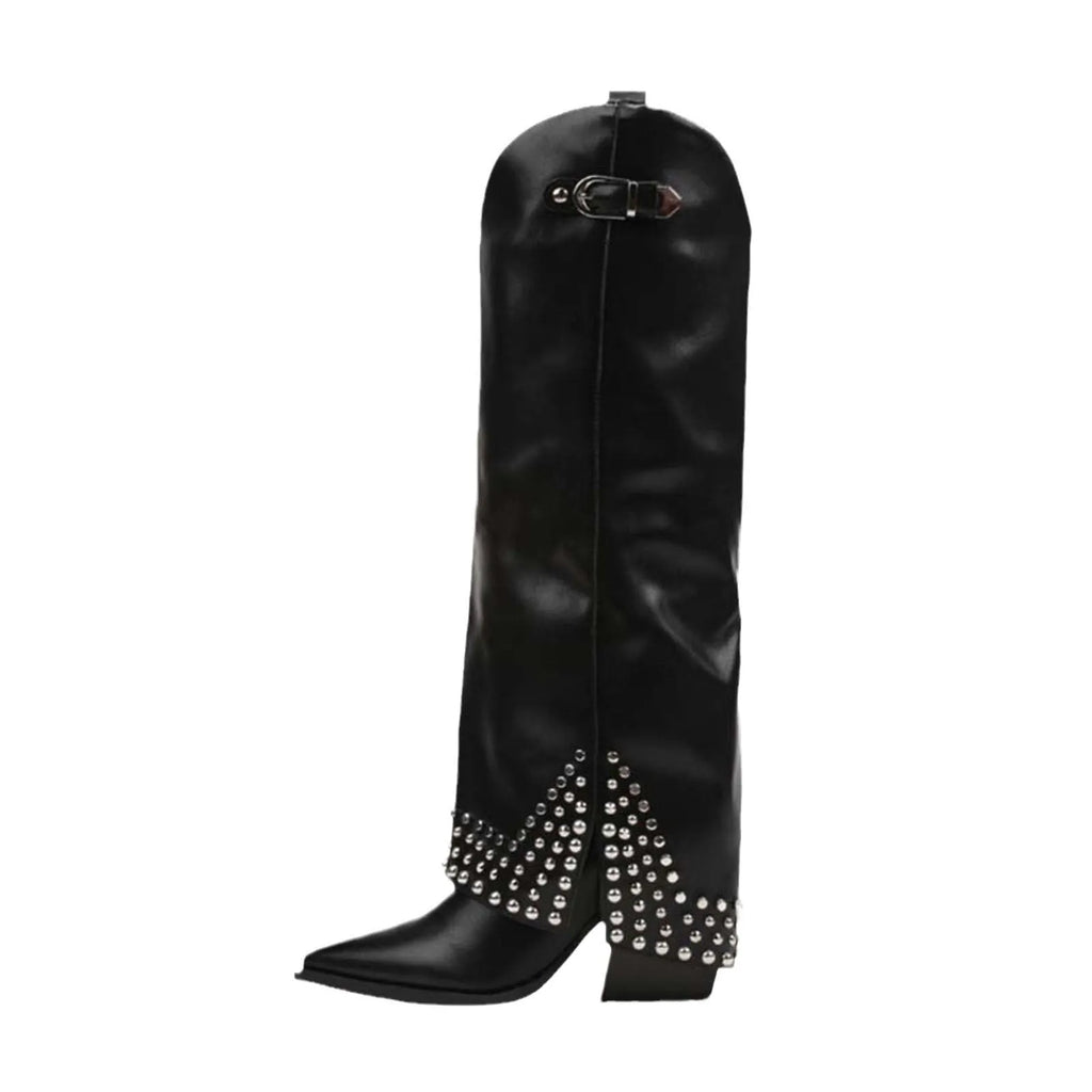 Women's black frosted rivet pantyhose boots with a suede leather upper and rubber sole.