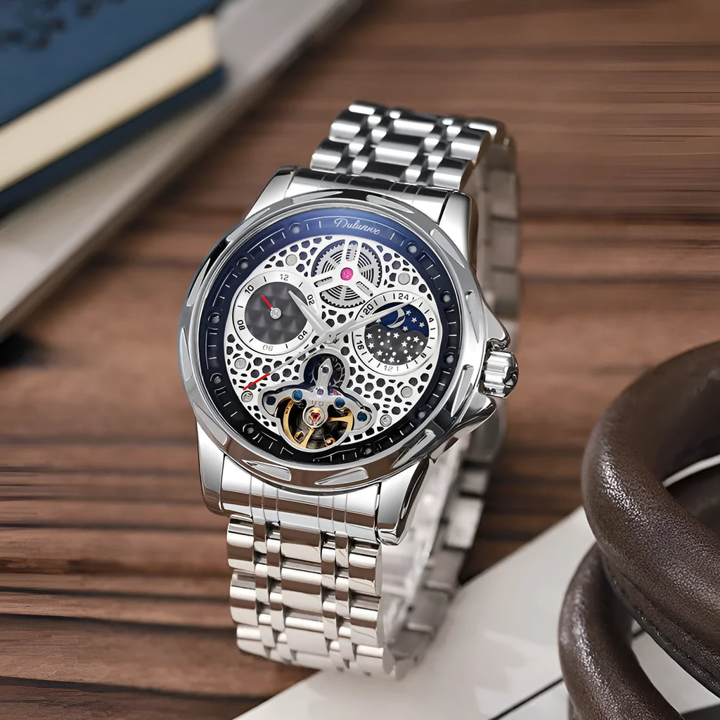 Men's black and white automatic waterproof watch with luminous dial and steel or leather strap