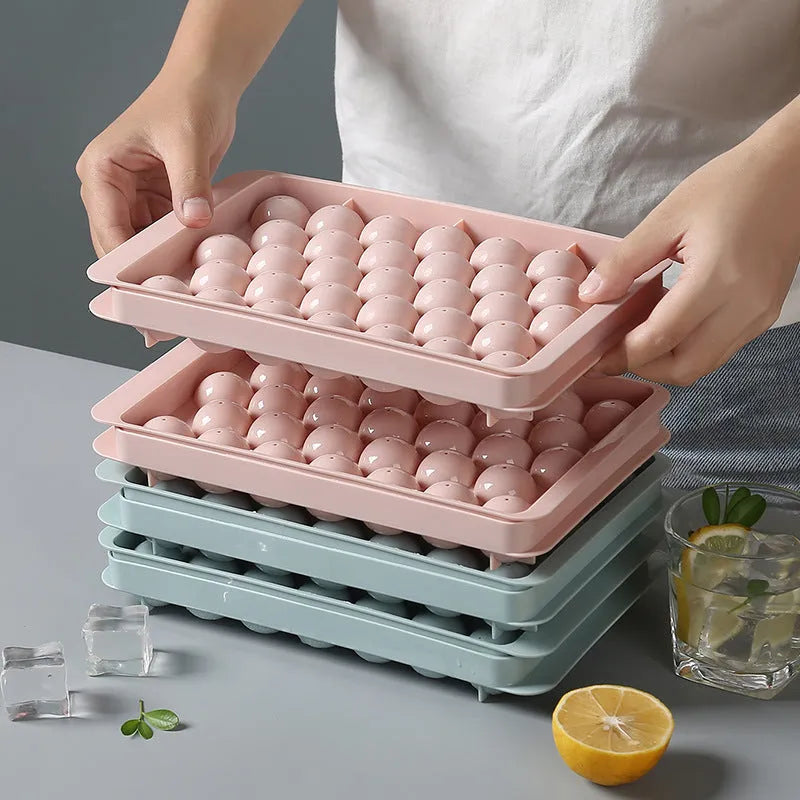 Sky blue 3D round ice mould tray with easy-release design showing spherical ice ball compartments