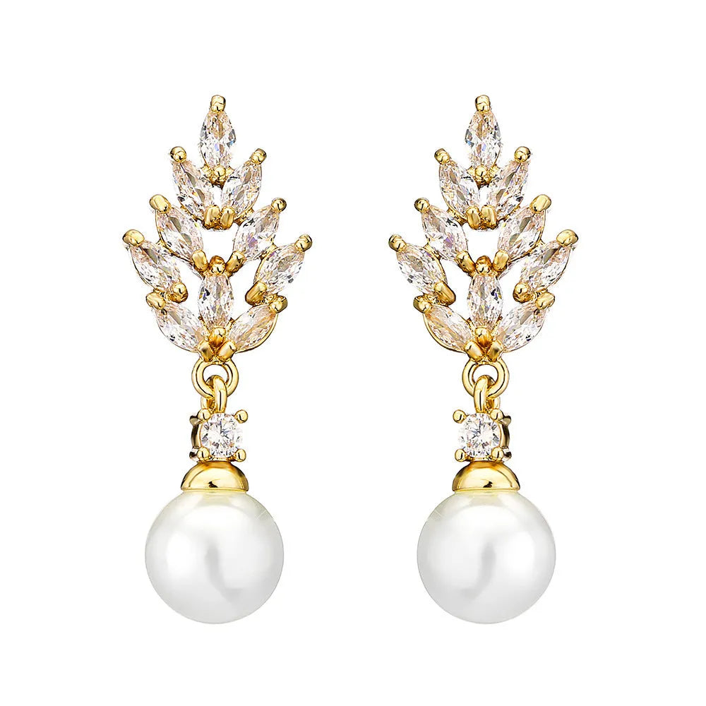 Geometric flower earrings with micro inlaid zircon in gold, rose gold, and white gold plated finishes.