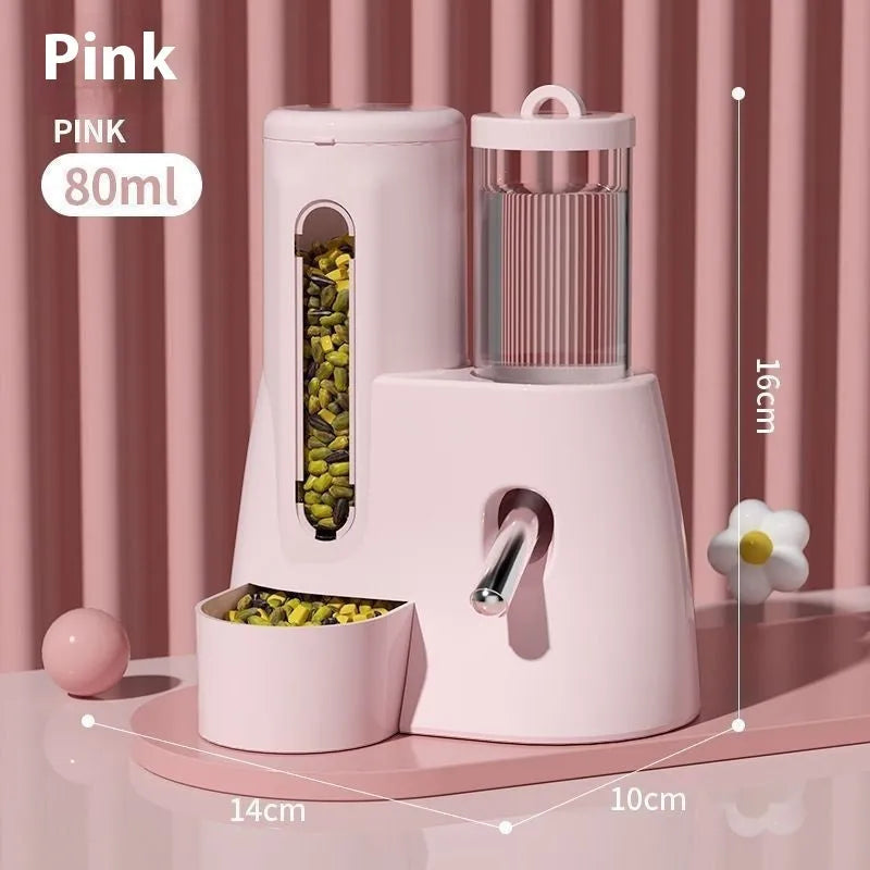 White, blue, and pink automatic hamster water feeder with attached food basin.