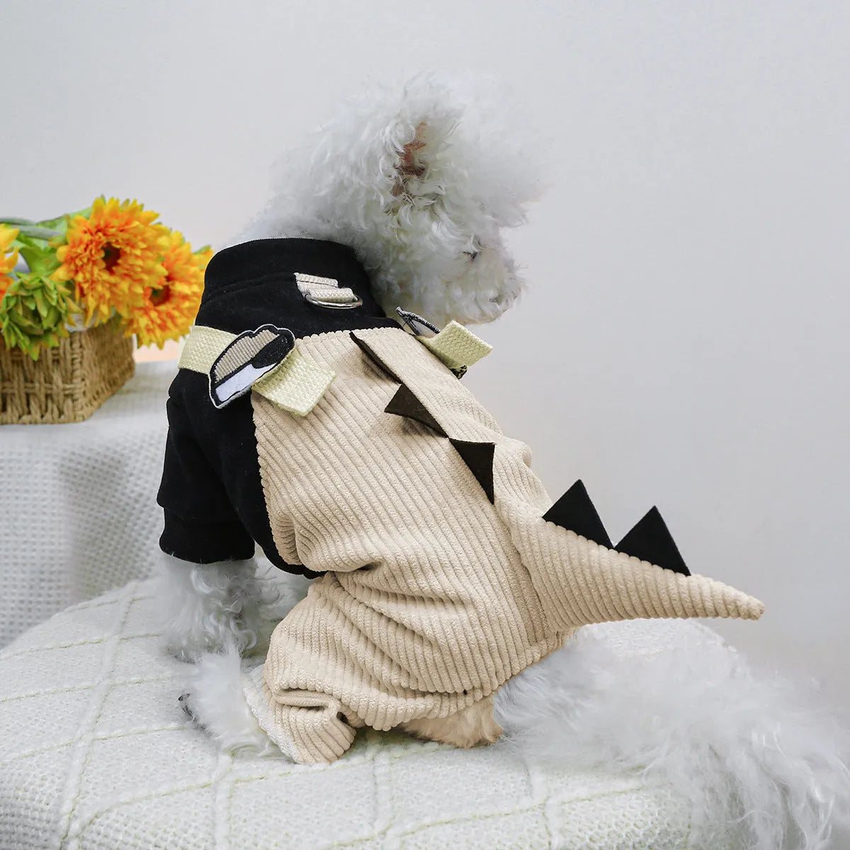 Khaki polyester dog clothing with suspender trousers and skirt, four-legged design, sizes XS to XL