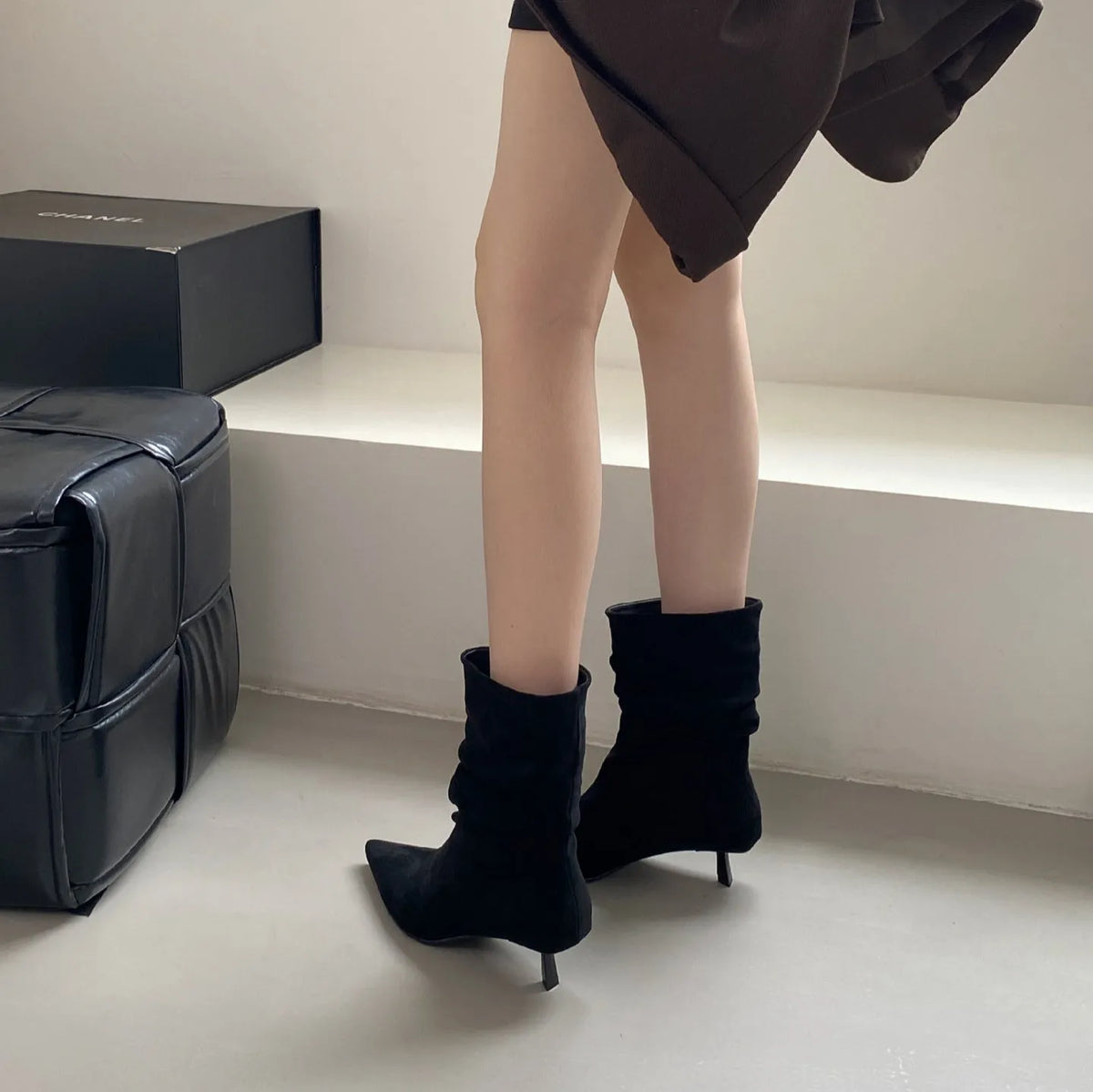 Women's pointed toe mid-calf boots with low stiletto heel, black microfiber upper, slip-on style