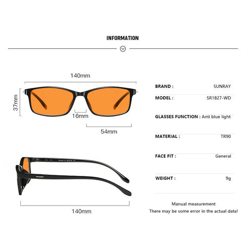 Orange anti-blue light UV glasses with full rim frame in multiple colour options