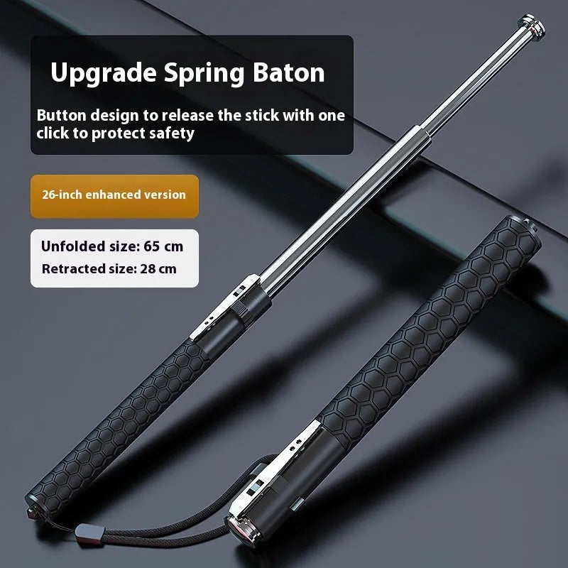Titanium black aluminium alloy automatic spring expandable baton in collapsed and extended states.