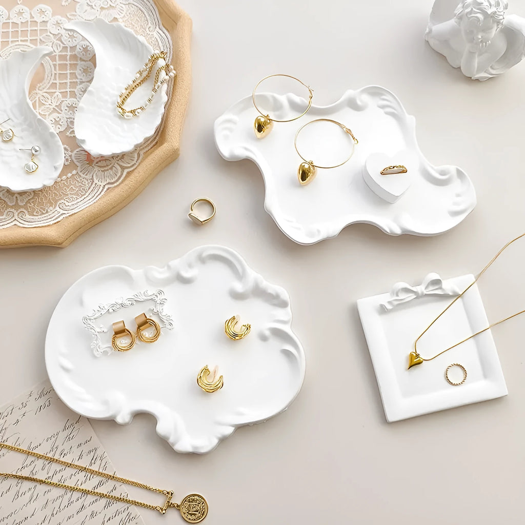 European Baroque gypsum jewellery display plate with decorative tray in multiple size options