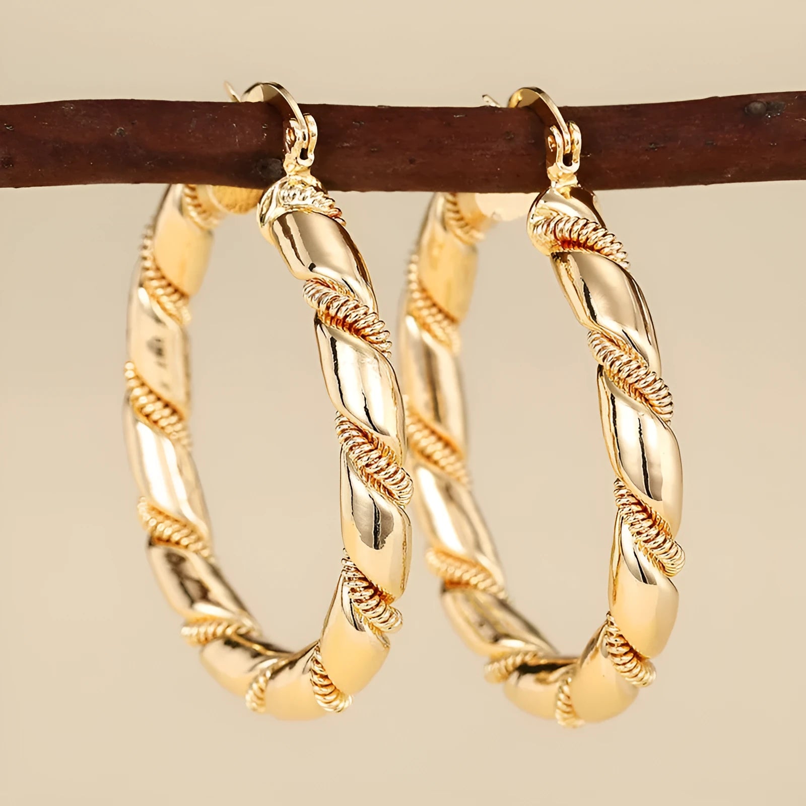 Geometric copper ring ear clip earrings in golden finish with linear design details