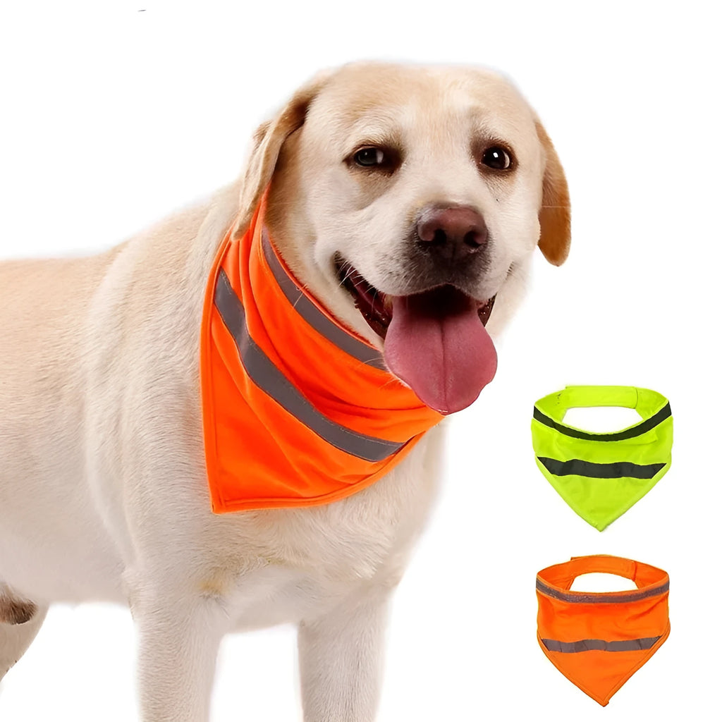 Yellow and orange reflective striped dog bandana scarf with adhesive strap closure on a dog's neck.