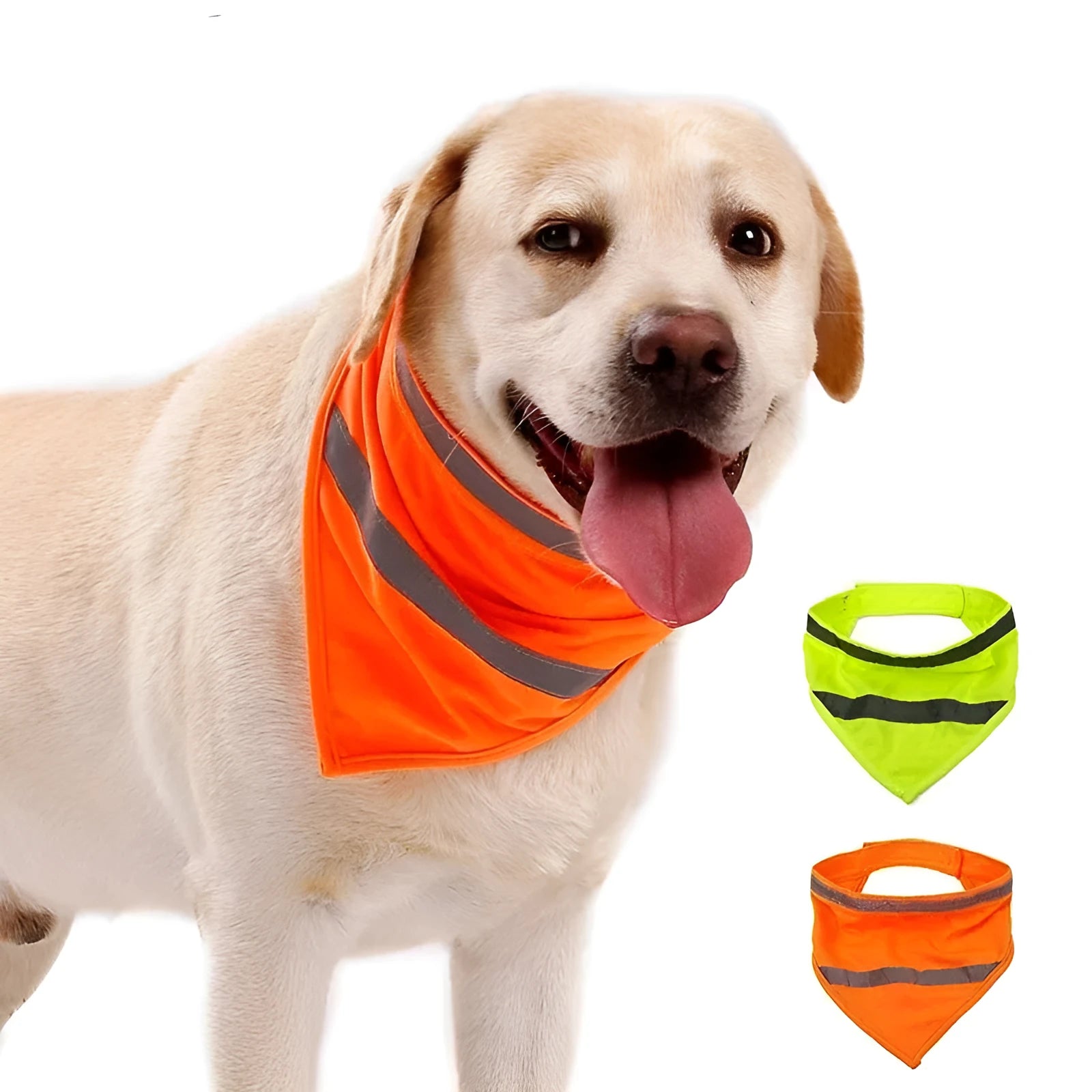 Yellow and orange reflective striped dog bandana scarf with adhesive strap closure on a dog's neck.