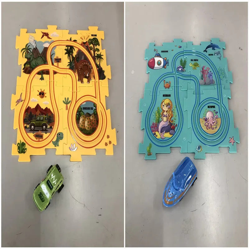 Children puzzle electric railroad speeder with DIY assembly track and automatic car, dinosaur theme