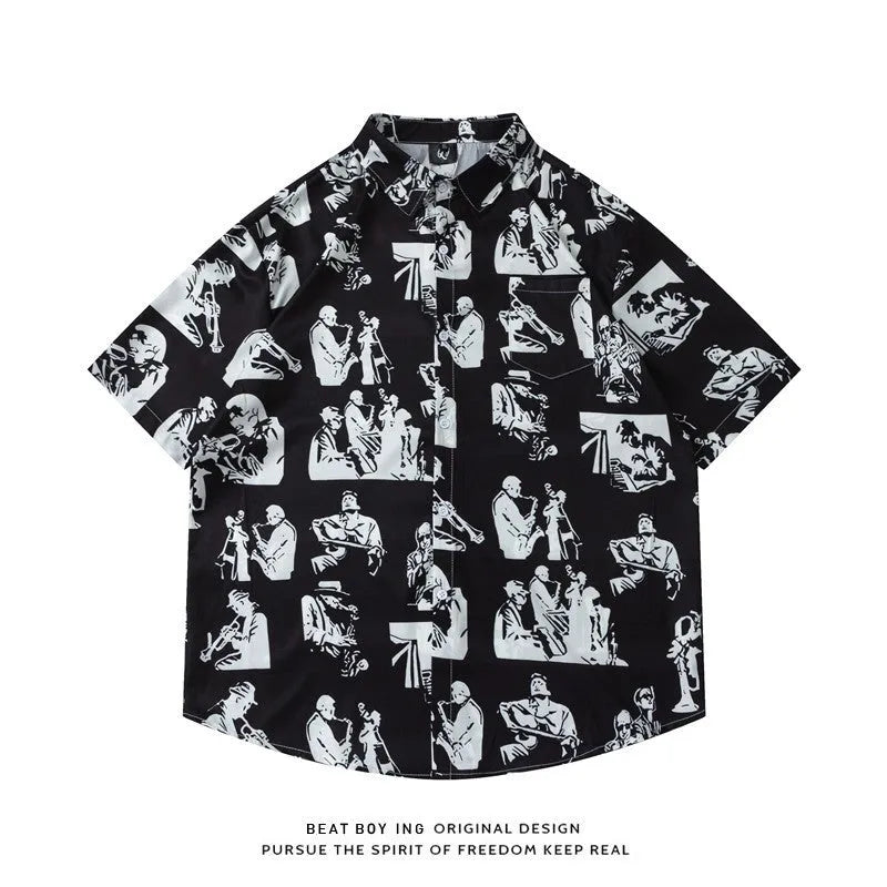 Man's loose fit short sleeve shirt with all-over floral print in a cardigan style.