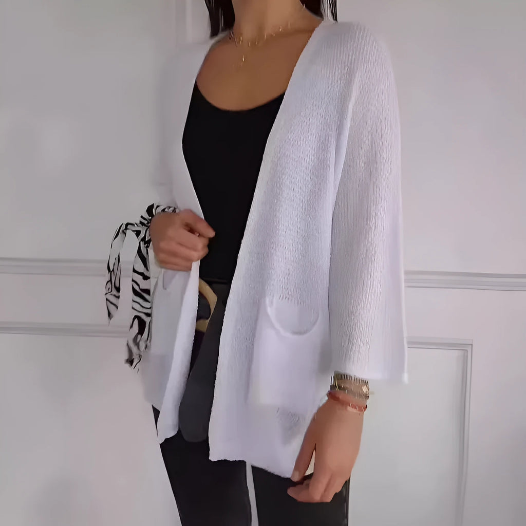 Women's thin waffle knit cardigan coat with nine-quarter sleeves in army green.
