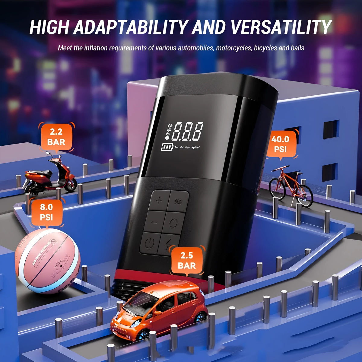 Black portable car jump starter power bank with LED display and attached cables on a grey background