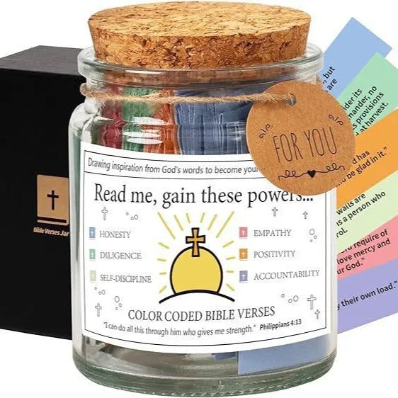 Glass Bible Verses In A Jar with cartoon decoration showing colourful verse strips inside