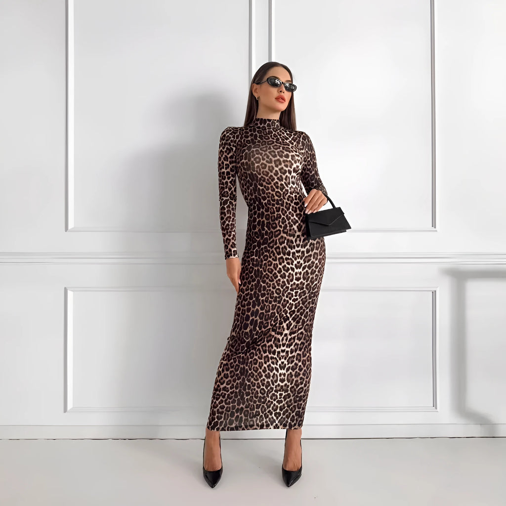 Leopard print women's long dress with stand collar, long sleeves, and high-waist hip skirt design