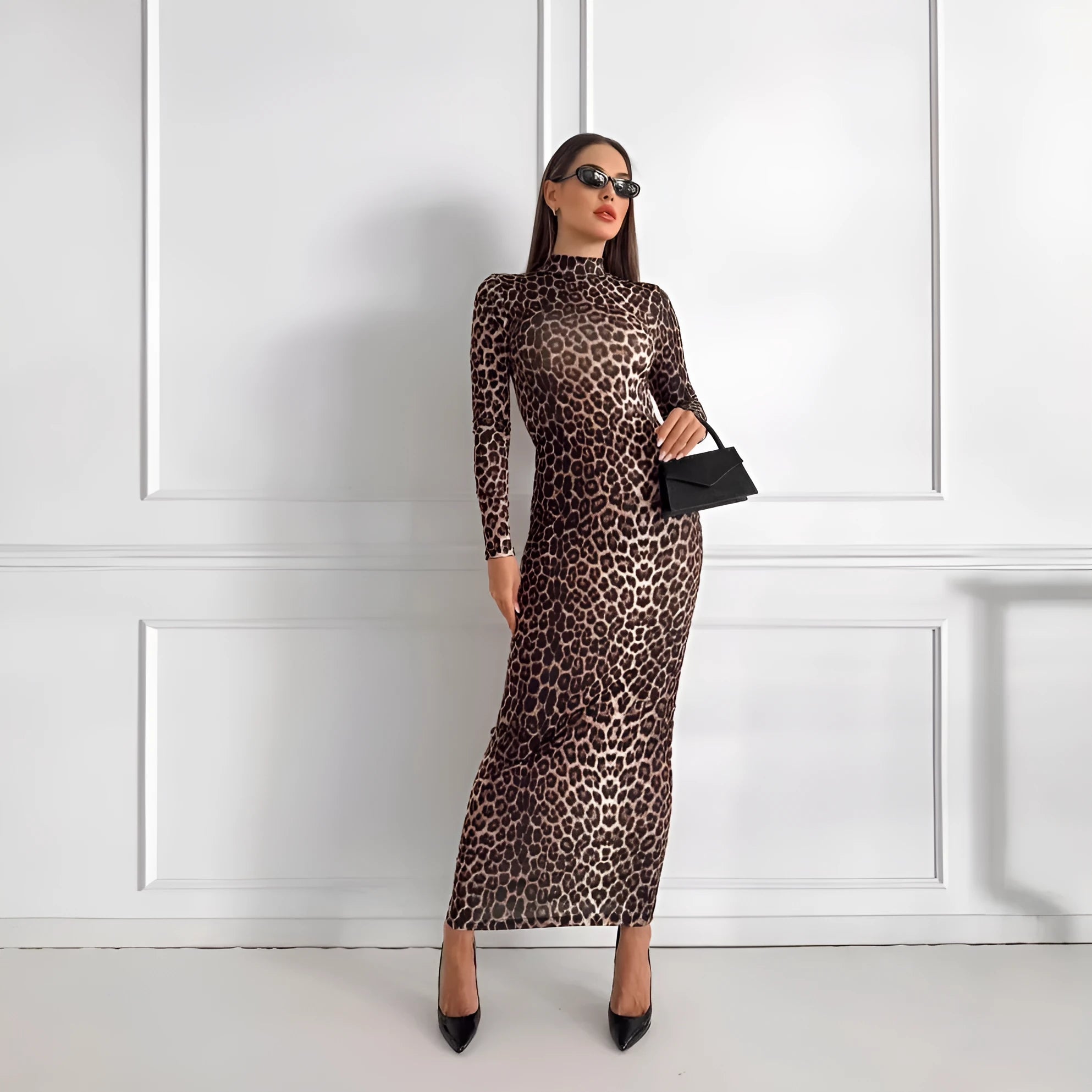 Leopard print women's long dress with stand collar, long sleeves, and high-waist hip skirt design