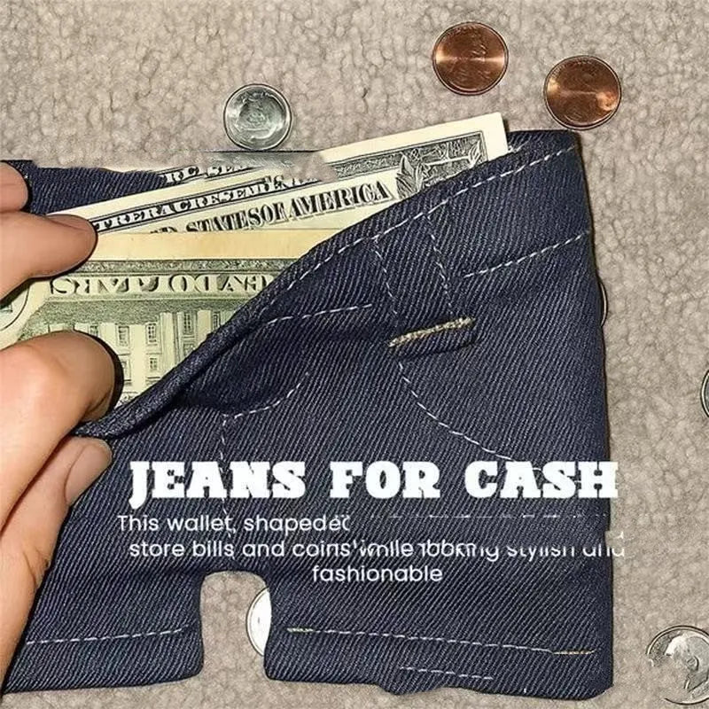 Foldable jeans shape coin purse in blue fabric, American style, compact design