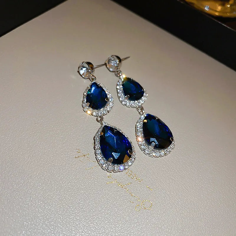 Blue silver needle water drop earrings and necklace set with zircon pendant on alloy clavicle chain court style