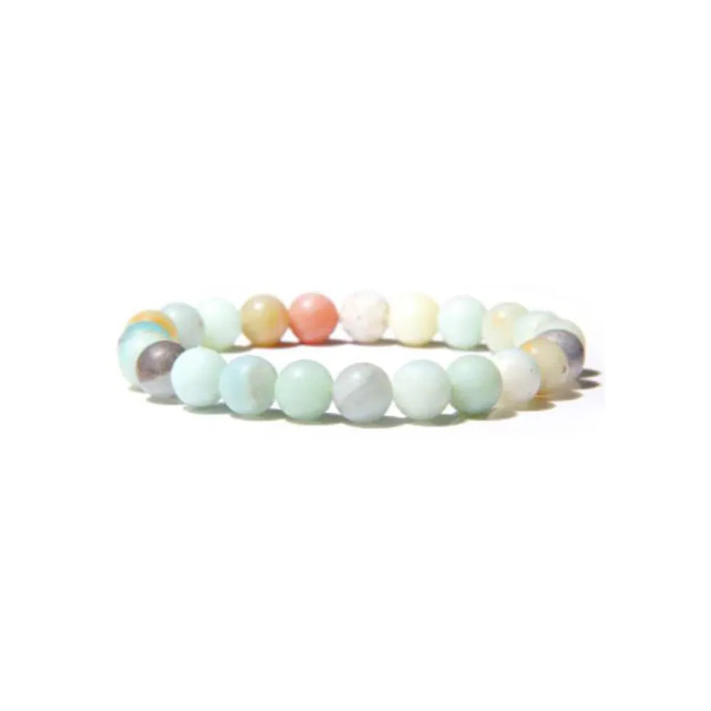 Handmade 8mm natural stone bead bracelet in geometric shape on a wrist, showing agate and gemstone colour options.