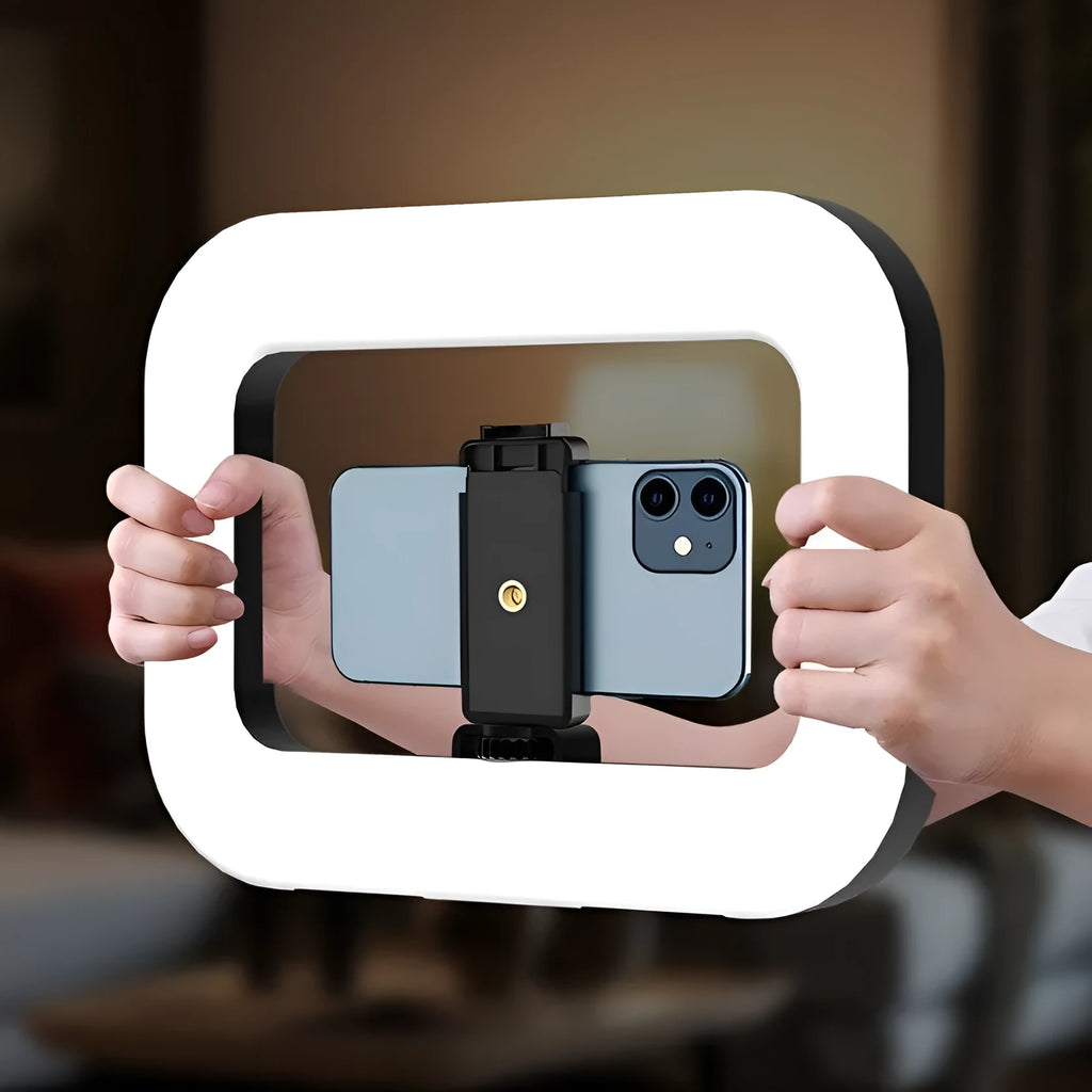 Mobile phone fill-in light kit with adjustable colour temperature display and metallic desktop bracket