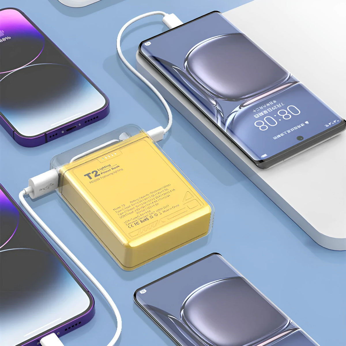 PD fast charging power bank in cream rice, night, or lemon yellow with LED light, 90 x 62.5 x 24.5mm ABS PC shell