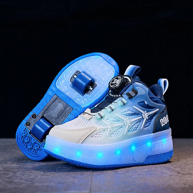 Children's flash knob roller skating shoes in blue colour with striped pattern and rotation button fastening