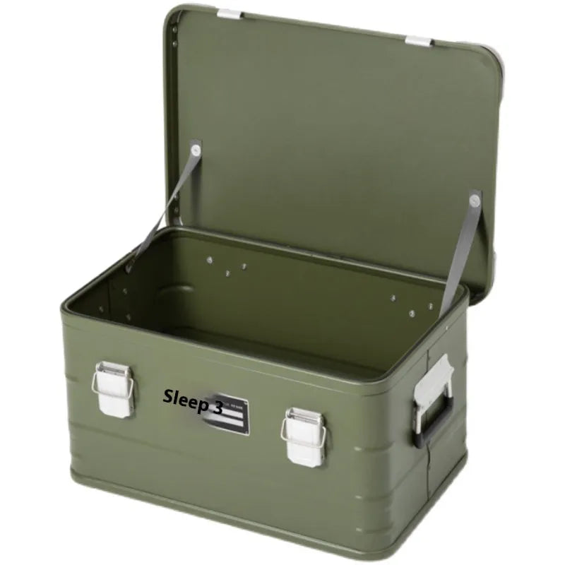 Field green aluminium alloy camping storage box with dimensions 58x38x28cm for outdoor equipment organisation