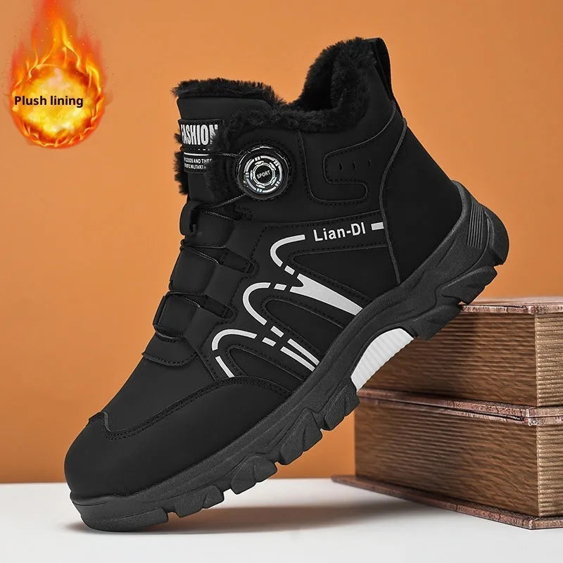 Pair of warm Martin boots with stitched artificial PU upper and PVC sole, shown in black or khaki