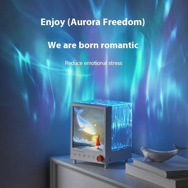 Aurora Treasure Box atmosphere projection lamp showing Star Sea Whale light design on a surface.