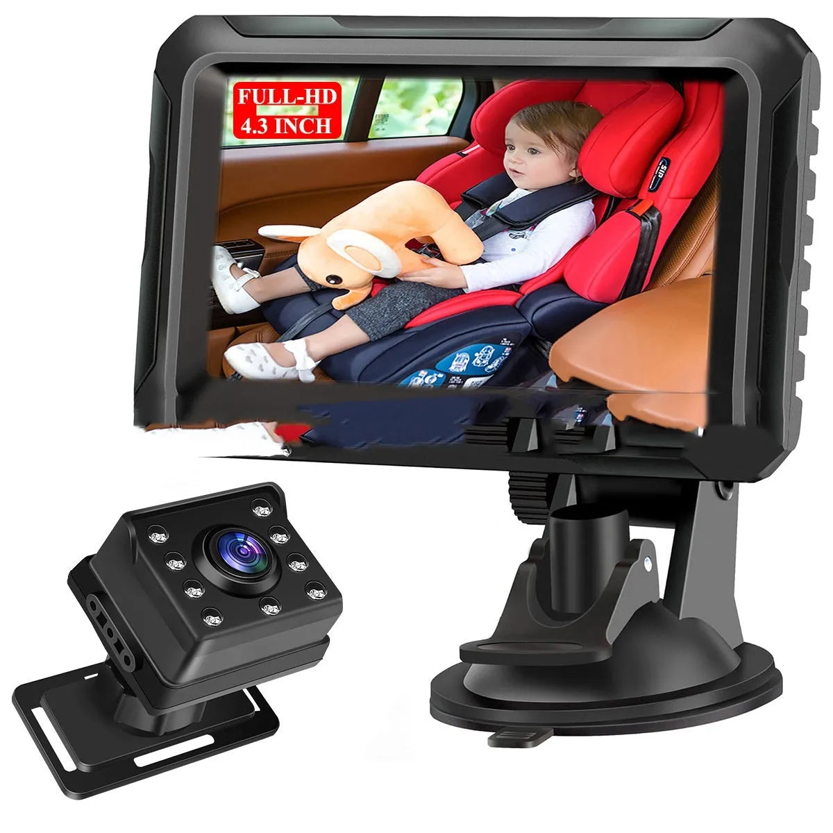 HD 1080p car baby monitor with 4.3 inch IPS screen, IP68 camera and 5 metre cable