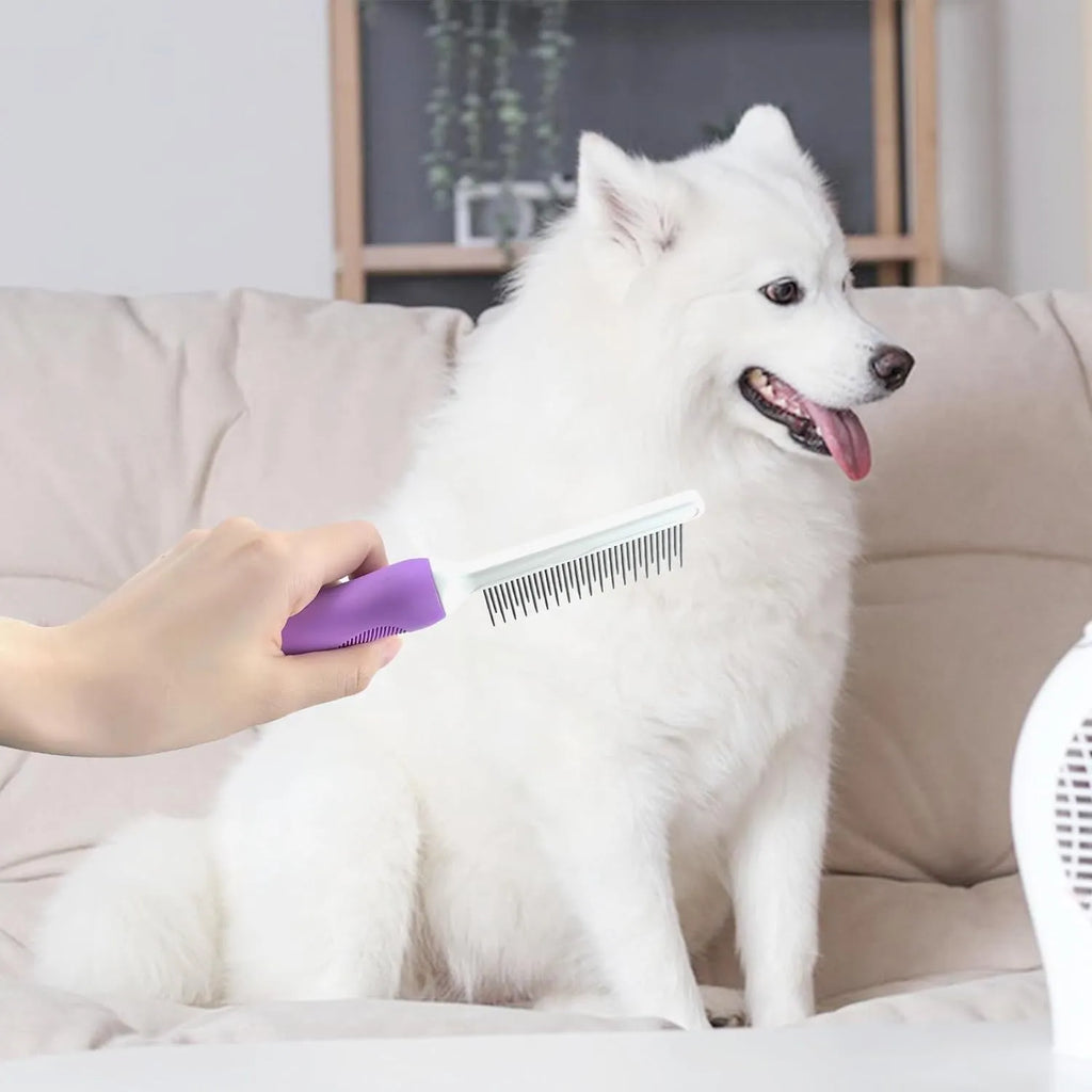 Purple pet detangling comb with stainless steel long and short teeth for dogs and cats