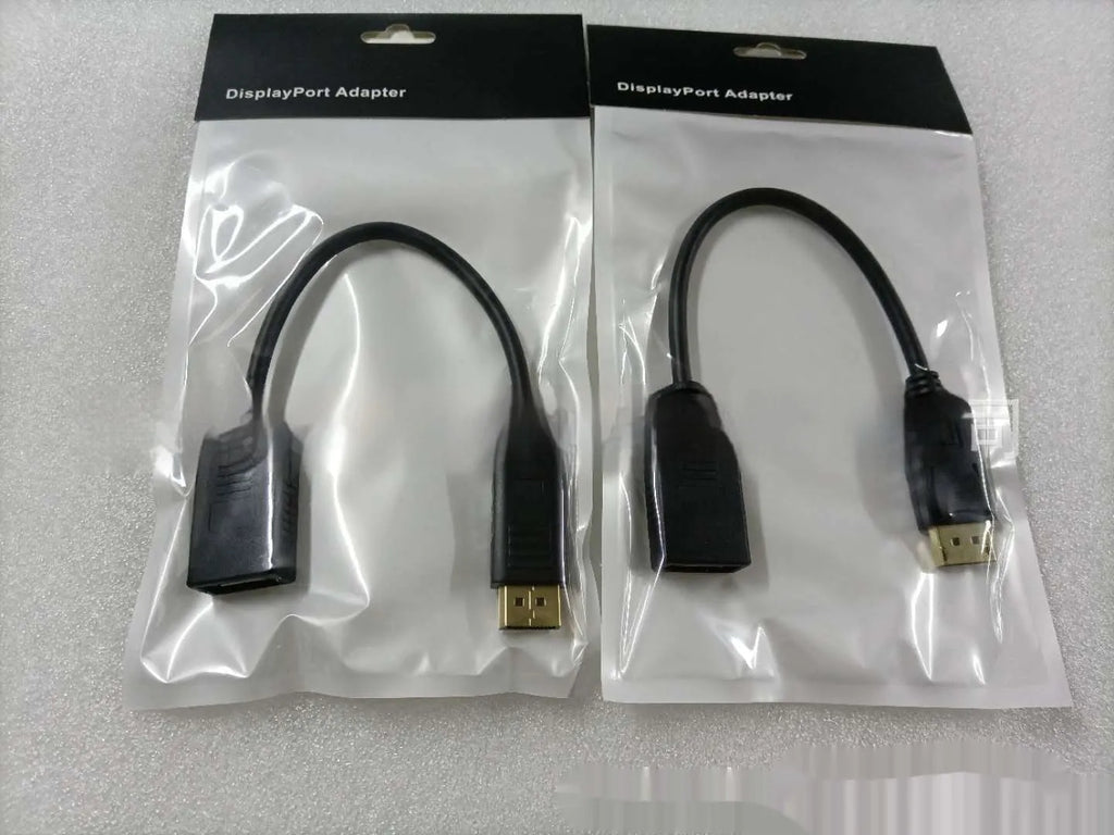 Black DisplayPort male to female extension cable approximately 10cm long with rotating connector