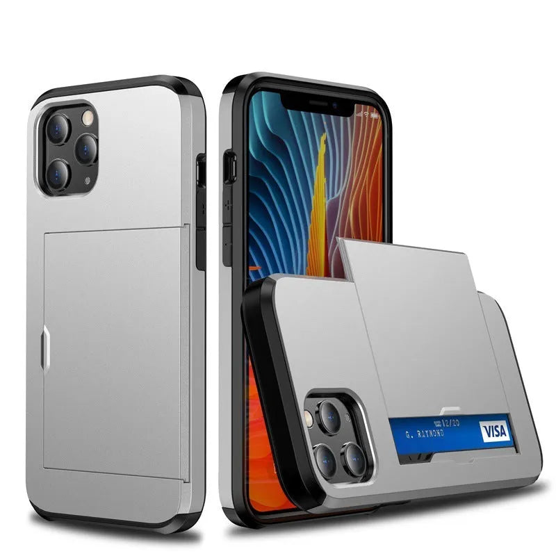 Sliding cover wallet phone case for iPhone in matte finish, showing card slot and raised screen protection.