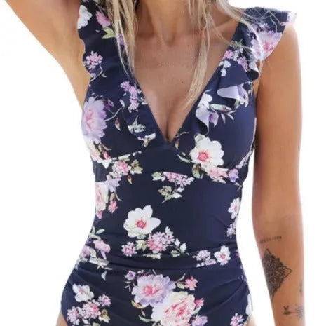 Women's one-piece ruffled tied multi-color swimsuit with floral pattern, backless design, quick-drying polyester