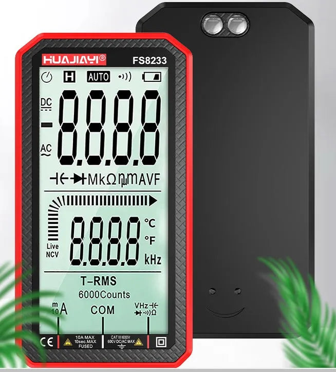 Large screen digital handheld multimeter showing measurement display with automatic functionality