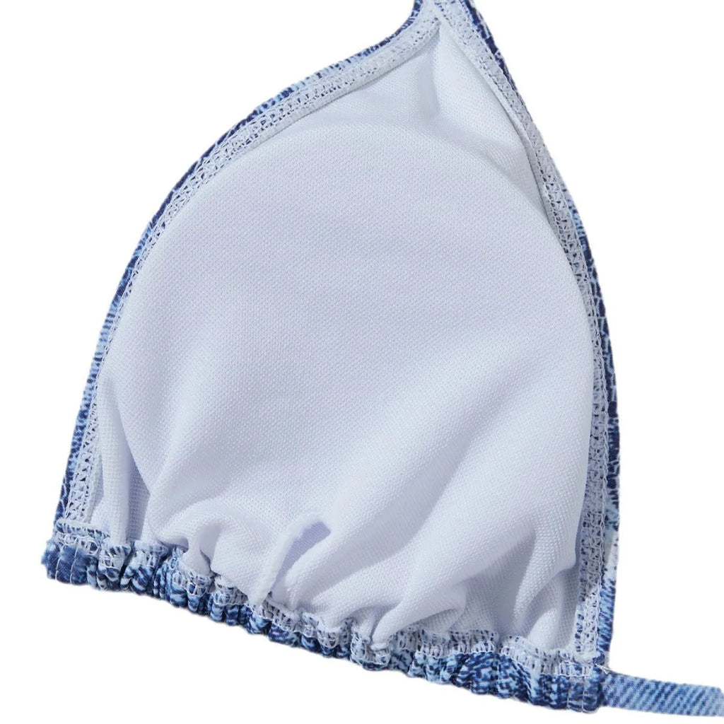 Denim blue women's bikini swimsuit with adjustable straps, shown as a complete set.