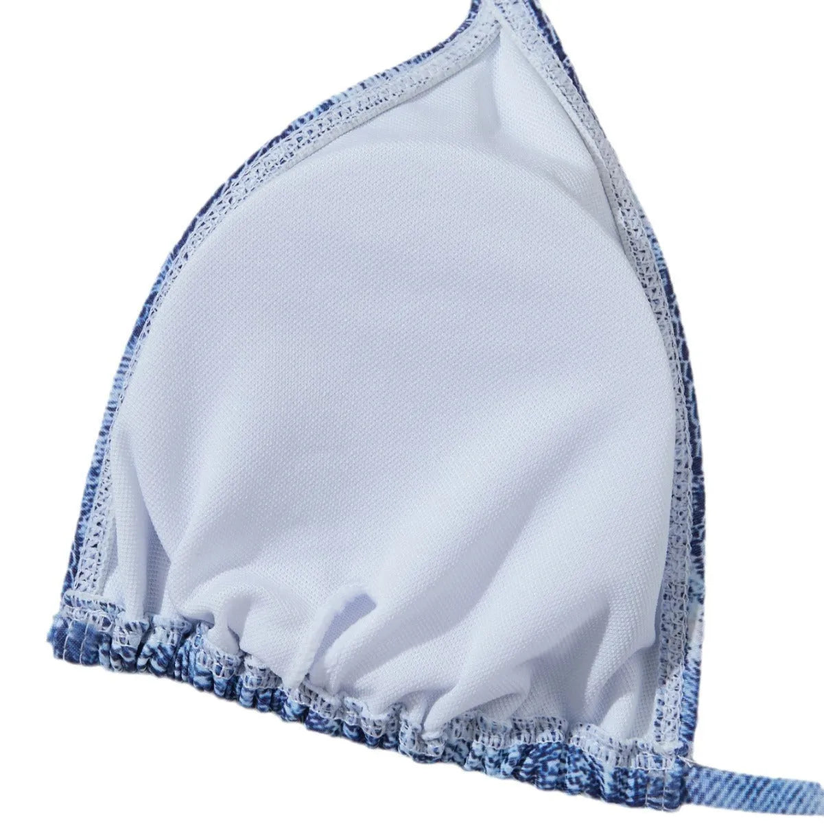 Denim blue women's bikini swimsuit with adjustable straps, shown as a complete set.