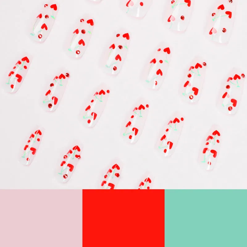JP1601 style French Love red diamond and small cherry self-adhesive nail art charms, 24 pieces.