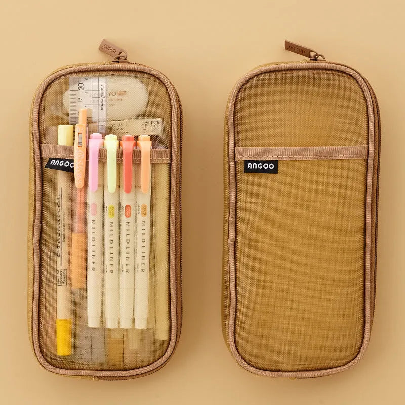Transparent mesh stationery storage bag in square casual design with candy colours