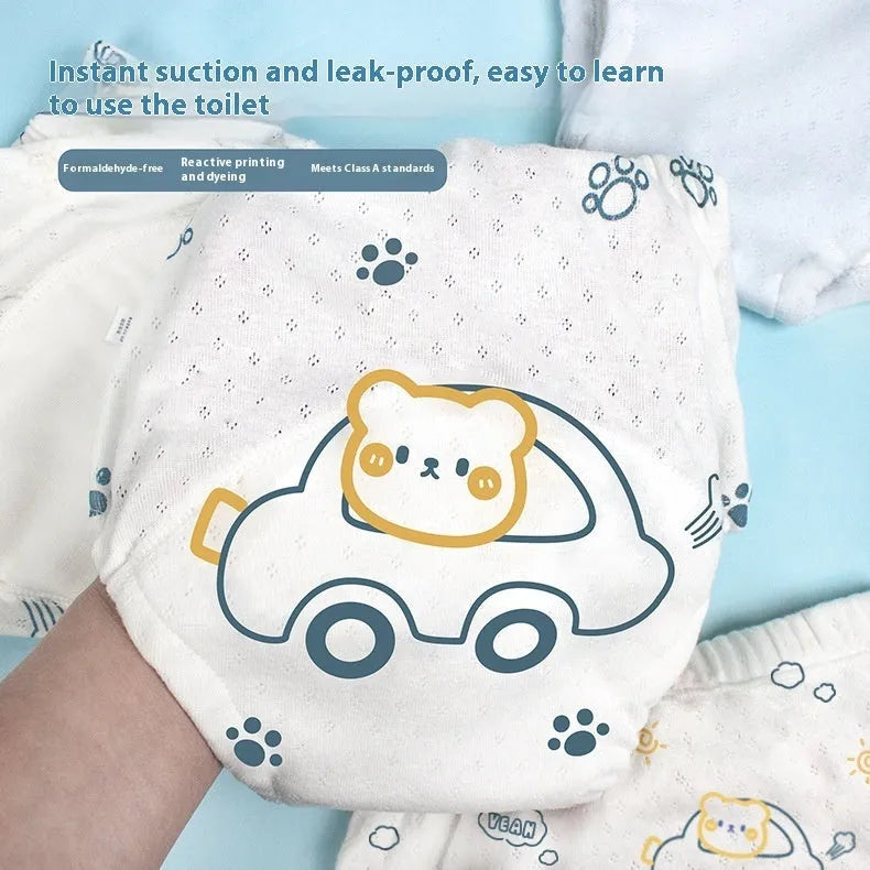 Washable pure cotton cloth diaper training pant with waterproof layer in bear and strawberry rabbit designs, sizes 90-110.