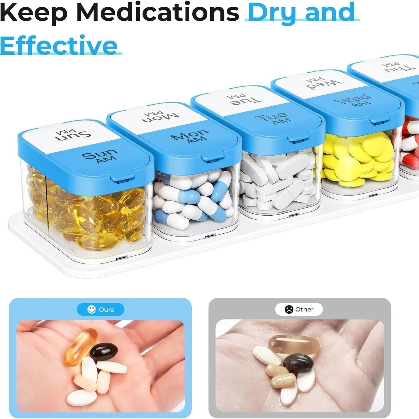 Extra large white and rainbow colour plastic pill organiser box with removable sections, shown with lid open.