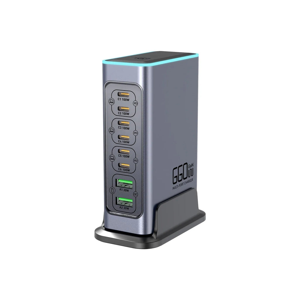 660W Gallium Nitride GaN desktop fast charger with multiple international plug options including US, EU, UK, AU.