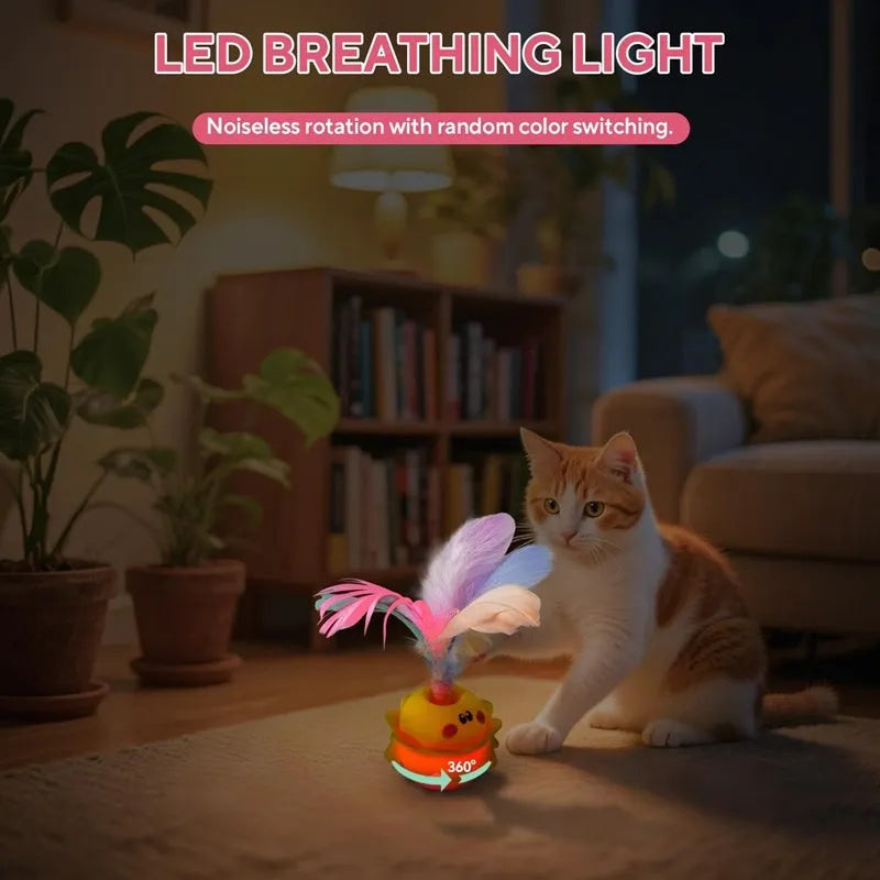 Pink interactive automatic cat feather toy with 360° rotation, LED lights, and detachable feathers for indoor cats.