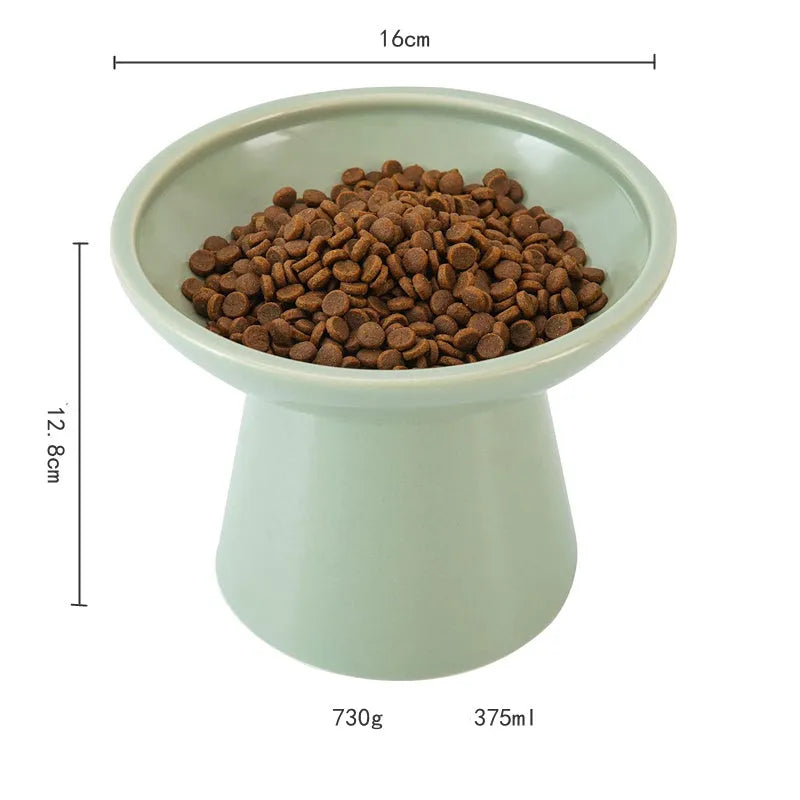 Blue ceramic elevated cat bowl with wide shallow design for comfortable feeding