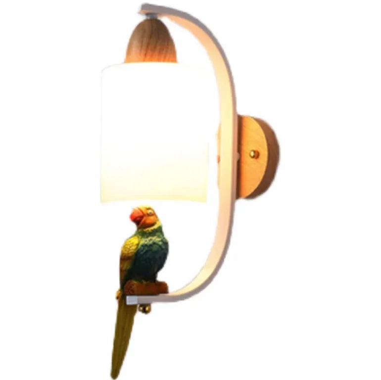 Solid wood and iron wall lamp with glass shade on a wall in a stairway