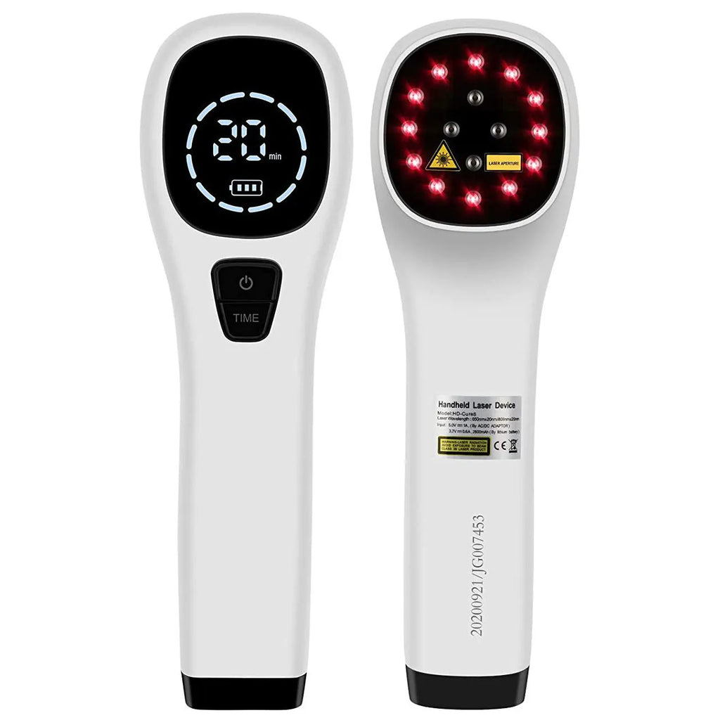 Hand-held red light therapy device in black and white with LED panel, carrying case, and safety glasses